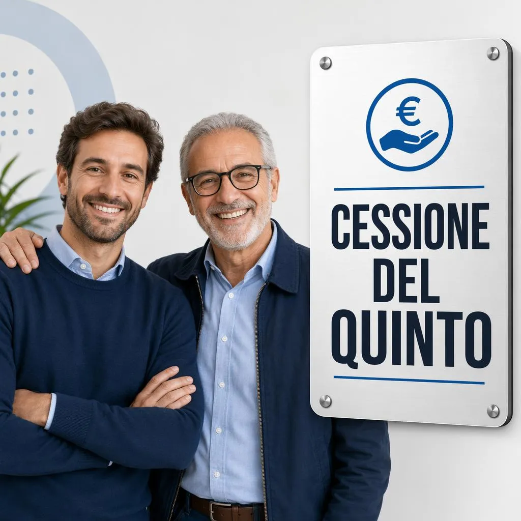 Due uomini di età diverse che sorridono fianco a fianco accanto a un cartello CESSIONE DEL QUINTO