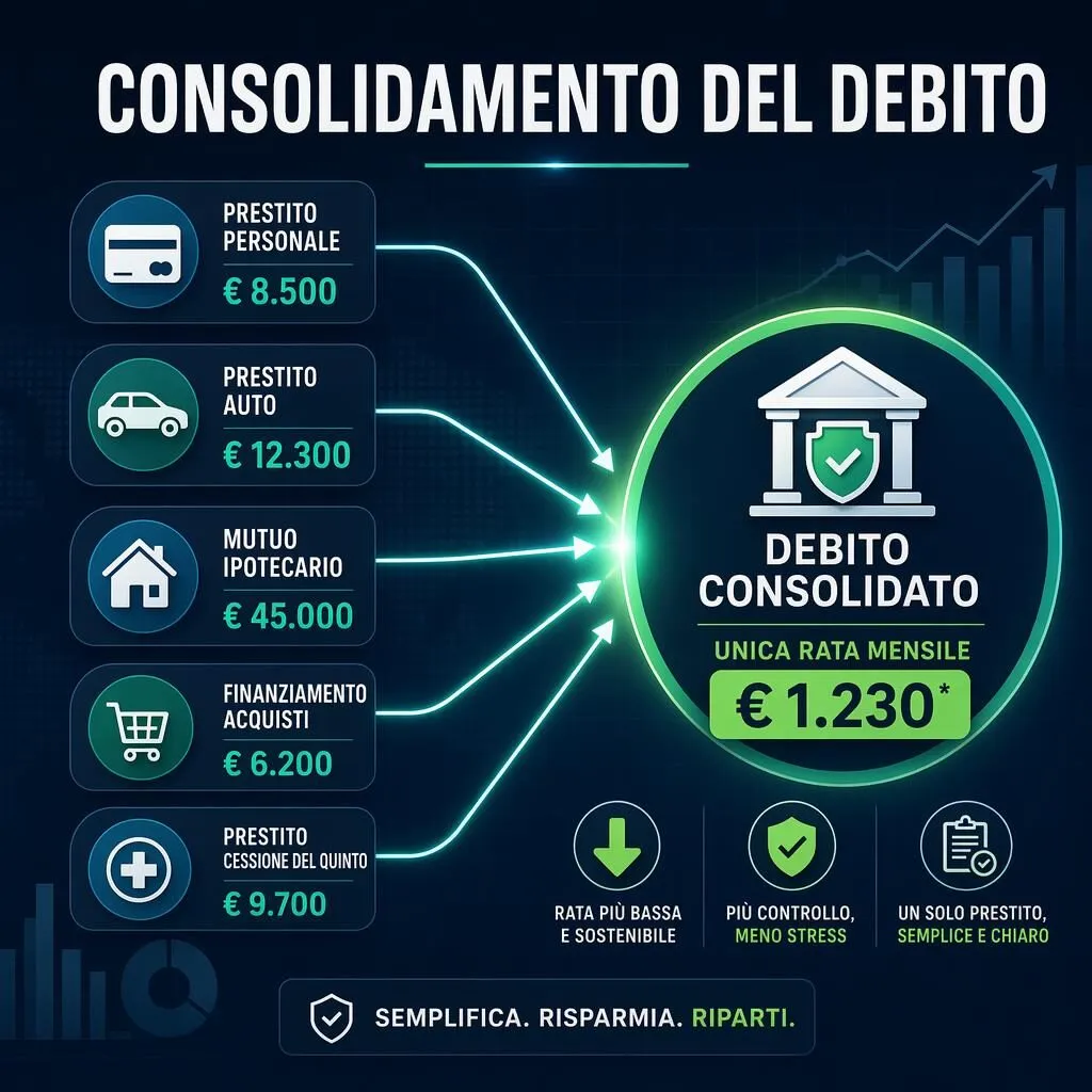Diverse icone di prestiti convergono visivamente in un'unica icona di consolidamento debiti