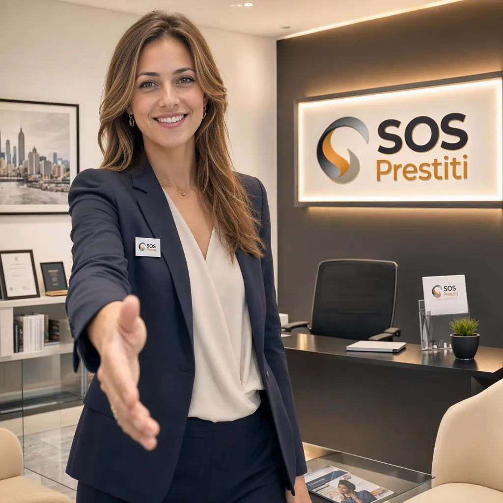 Donna consulente di SOS Prestiti sorride e tende la mano