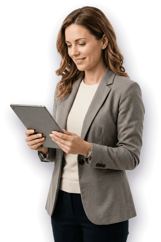 donna sorridente con tablet in mano
