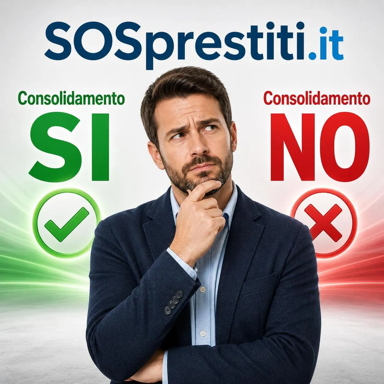 Uomo con mano sul mento e espressione dubbiosa tra le scritte Consolidamento SI e Consolidamento NO.