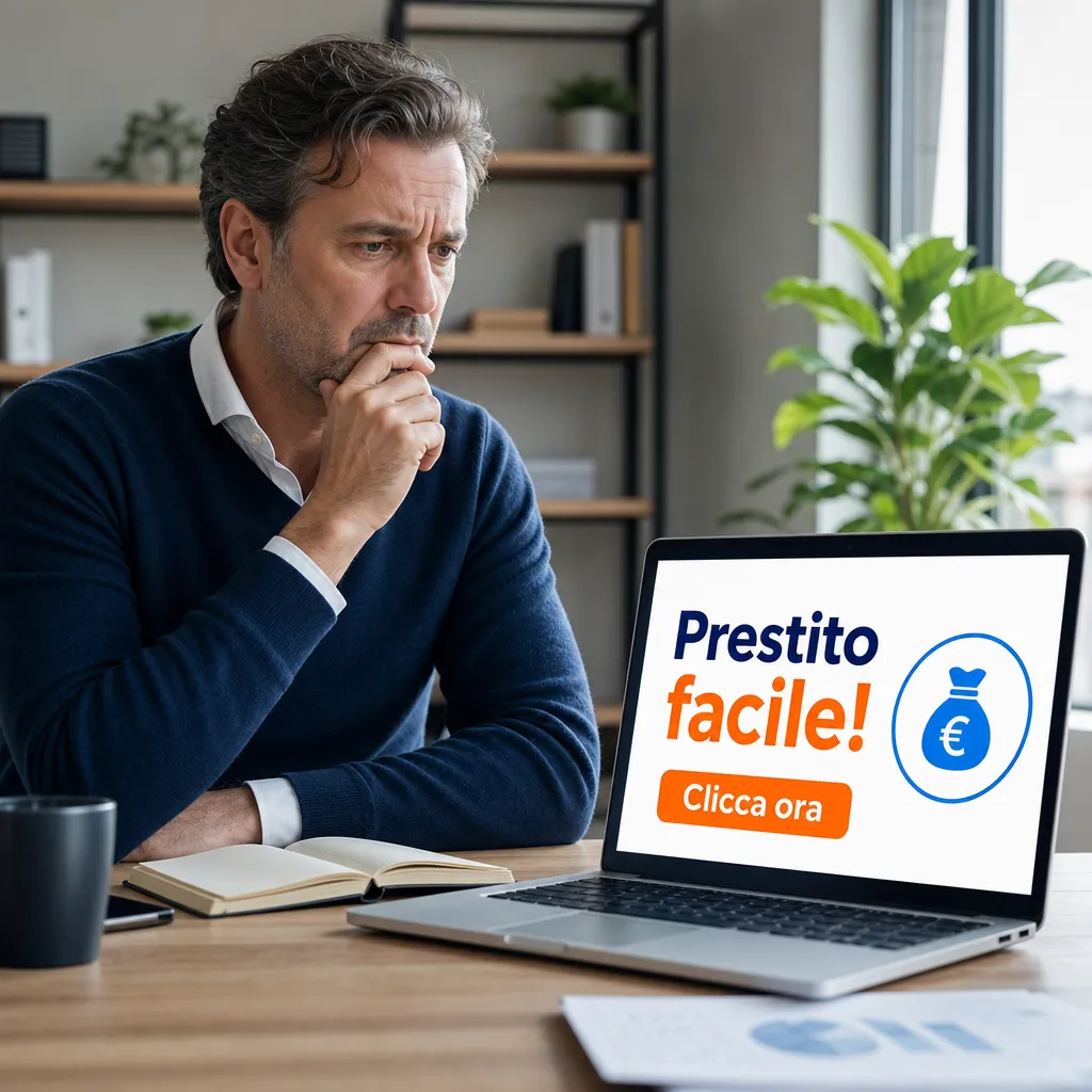 Uomo guarda un'offerta di finanziamento online sospetta sul computer