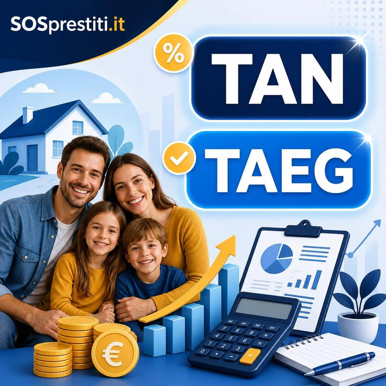 Infografica con famiglia felice e le parole TAN e TAEG