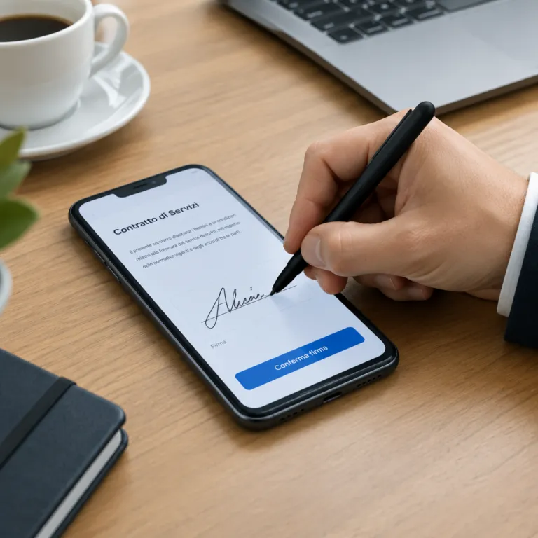 Una mano firma un contratto con una penna digitale sullo smartphone.
