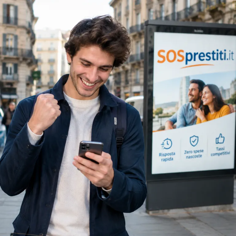 Giovane uomo in strada è molto felice per aver appena ricevuto un bellissimo messaggio sul telefono.
