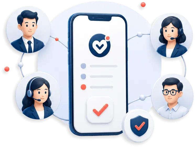 Smartphone centrale con richiesta inviata e operatori collegati intorno. Comunica presa in carico, ricontatto e affidabilità del servizio.