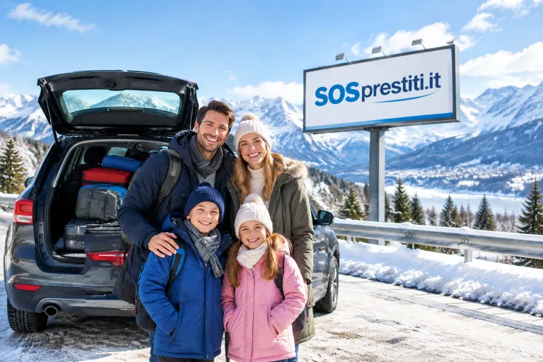 Giovane famiglia europea felice in posa davanti la loro auto caricata per le vacanze invernali.