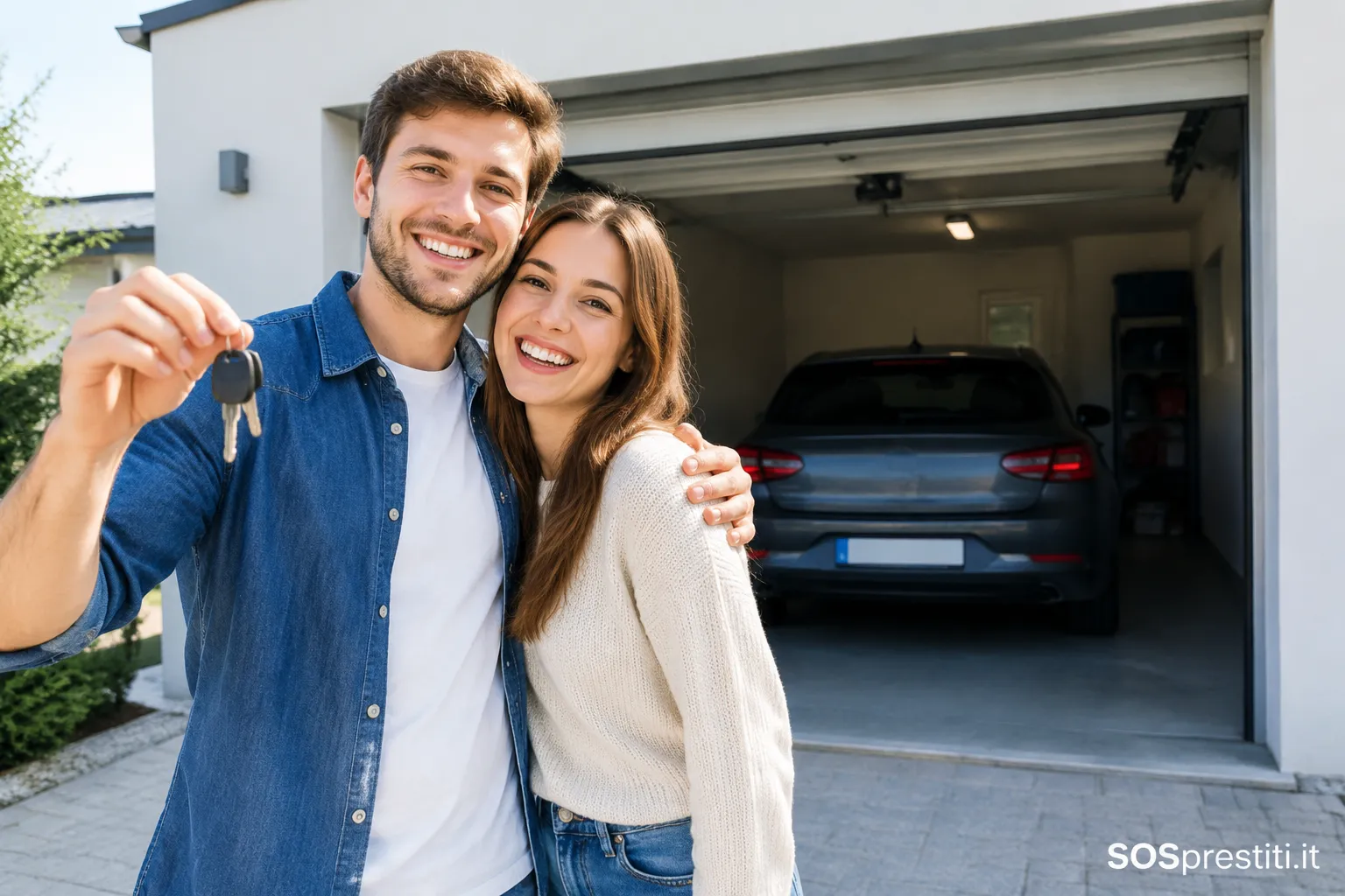 Felice giovane coppia europea in posa davanti al loro nuovo box auto auto