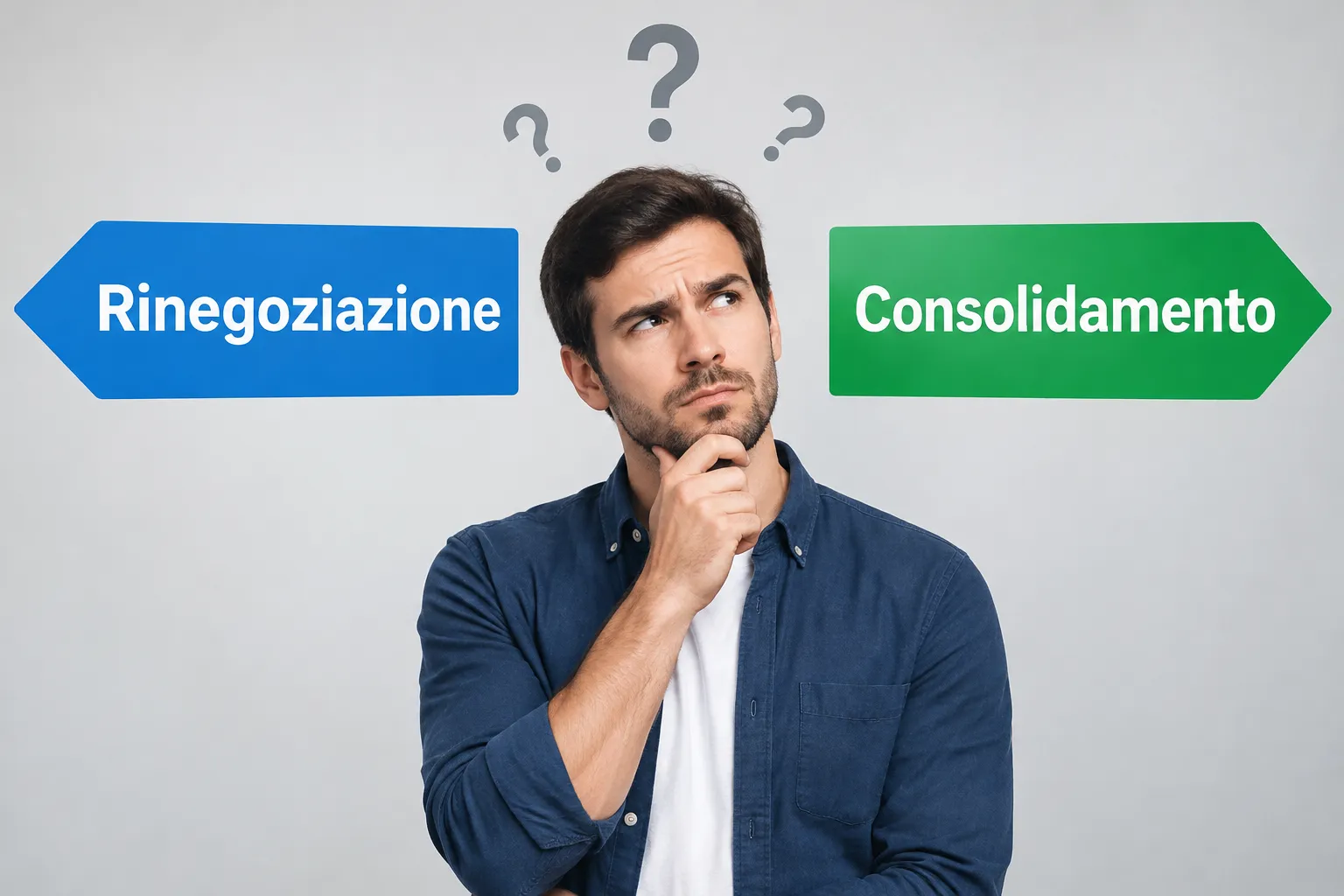 Uomo europeo dubbioso in mezzo ai testi Rinegoziazione e Consolidamento.